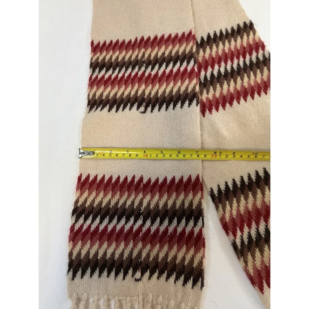 Vintage Knit Rectangle Scarf Argyle Chevron Fringe Beige Burgundy Brown Multi